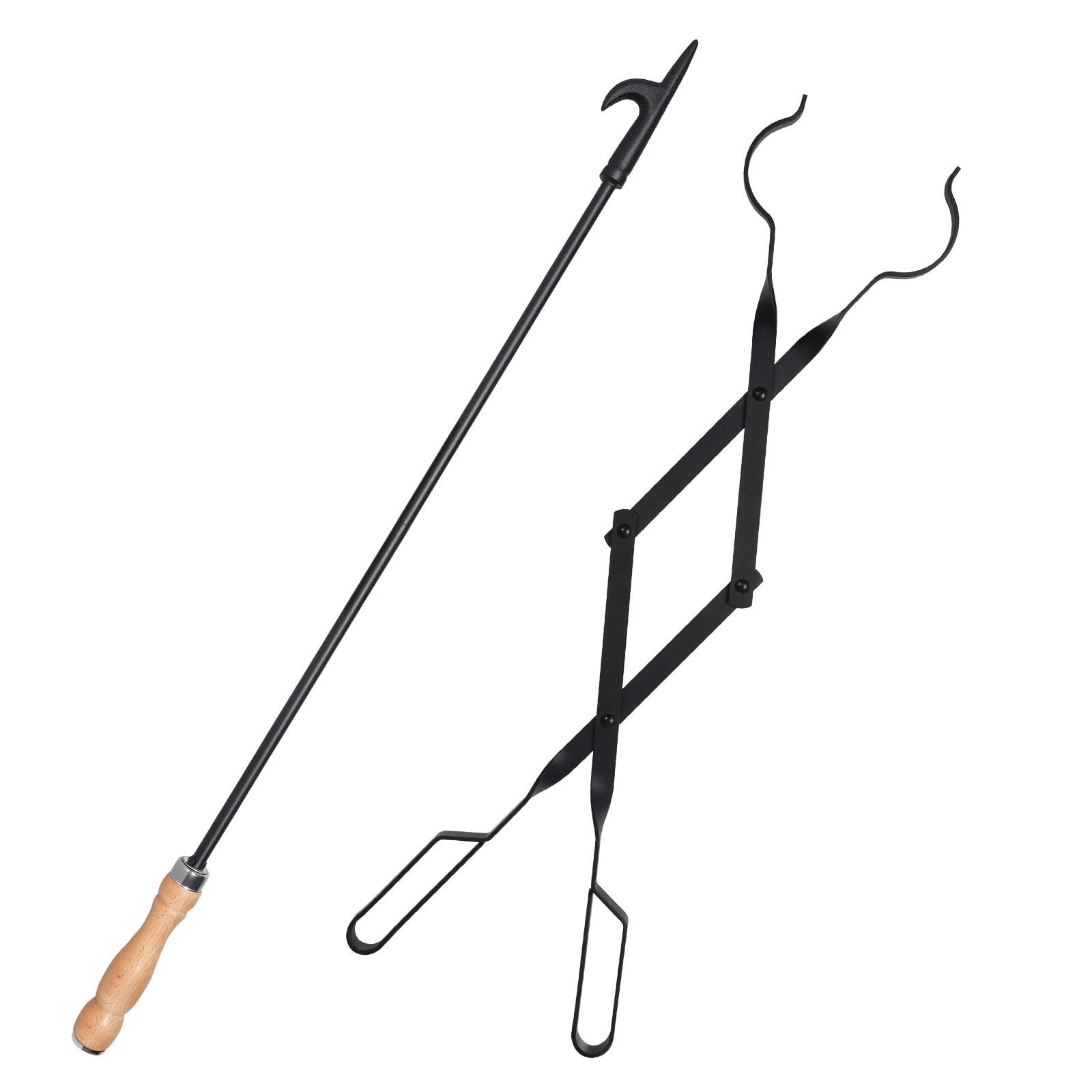 Himaly 32-inch heavy-duty fireplace poker reaching deep into the fire for safe logs handling.