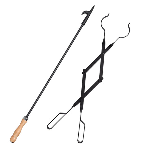 Himaly 32-inch heavy-duty fireplace poker reaching deep into the fire for safe logs handling.