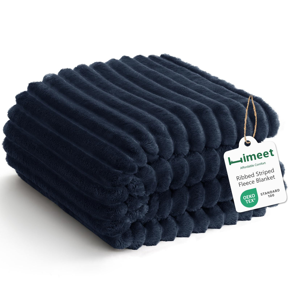 HIMEET navy blue ribbed king size blanket on bed offers plush comfort and year‑round warmth