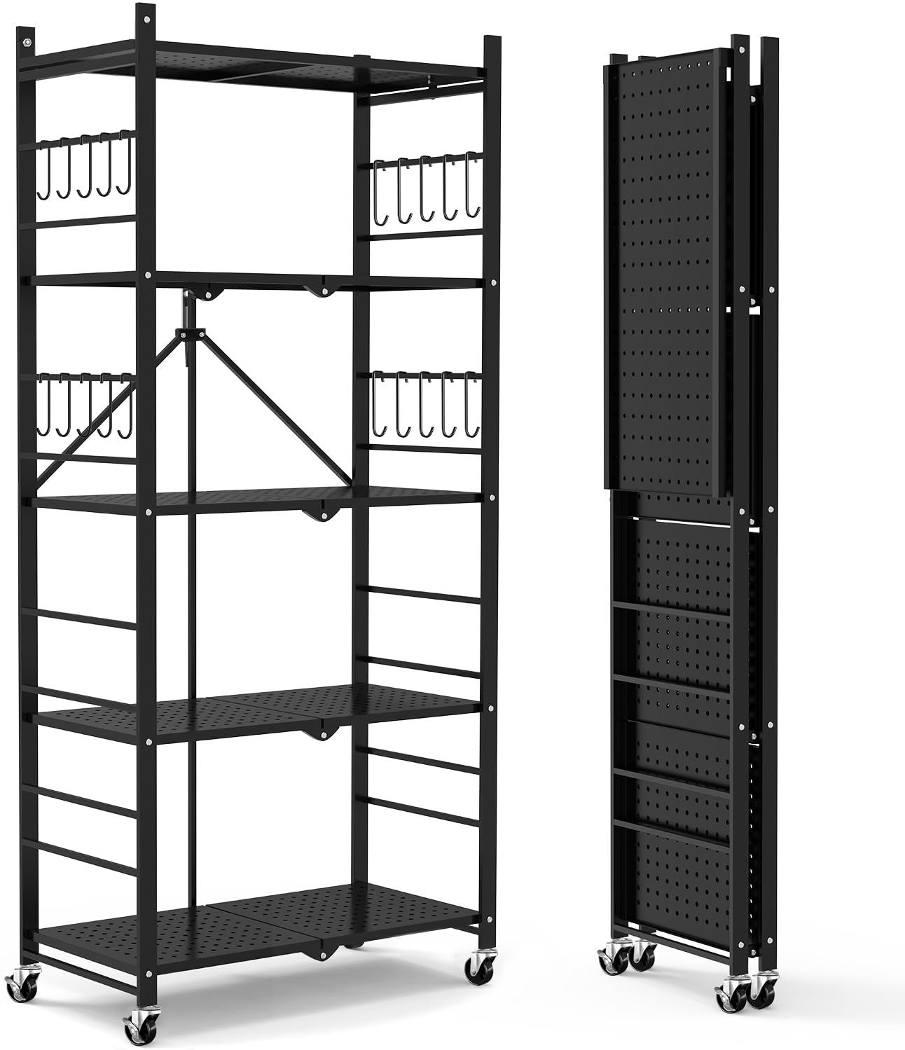 Himix 5-tier folding shelves for pantry and garage organization.
