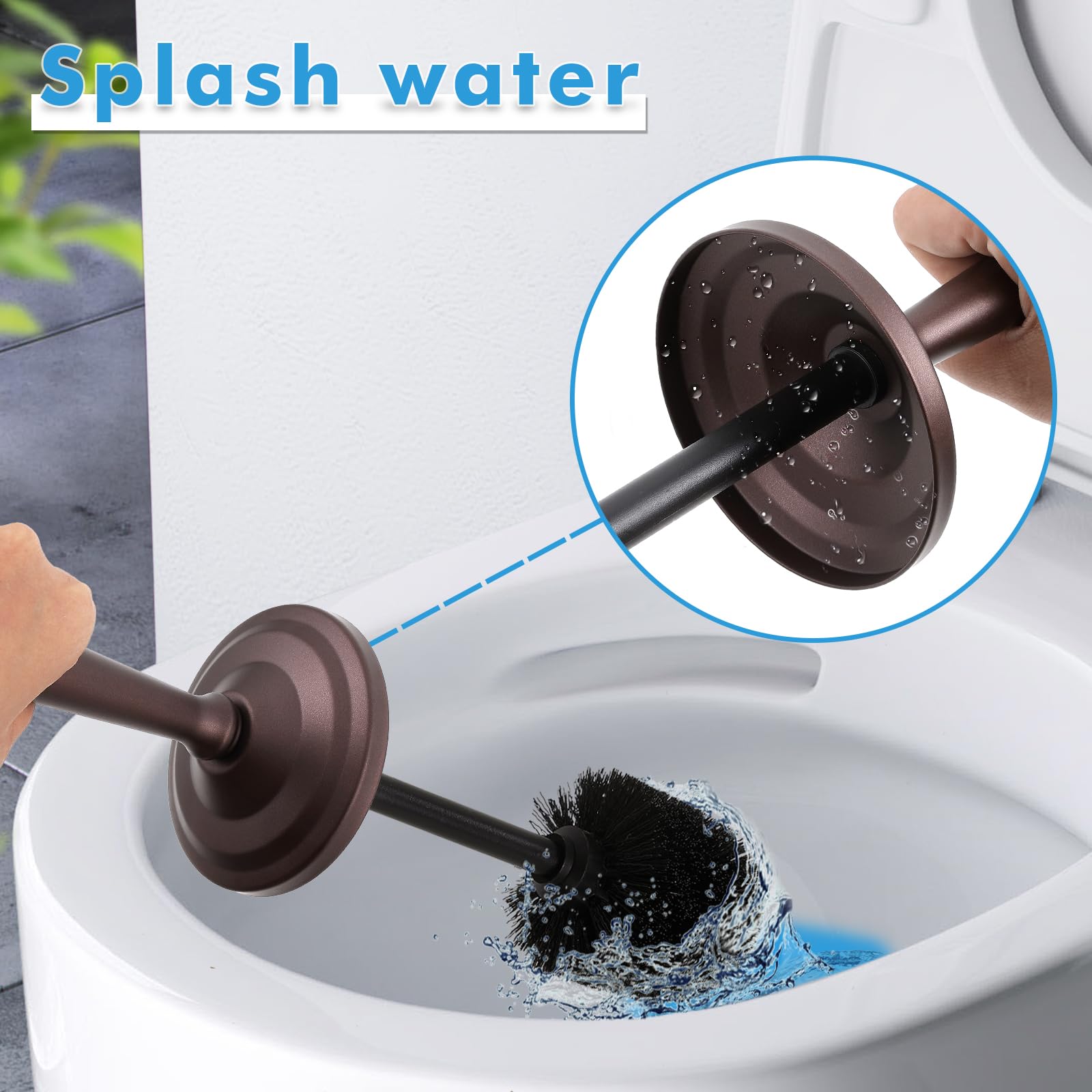 Hioflyme bronze toilet brush in holder demonstrates space-saving, tidy storage.