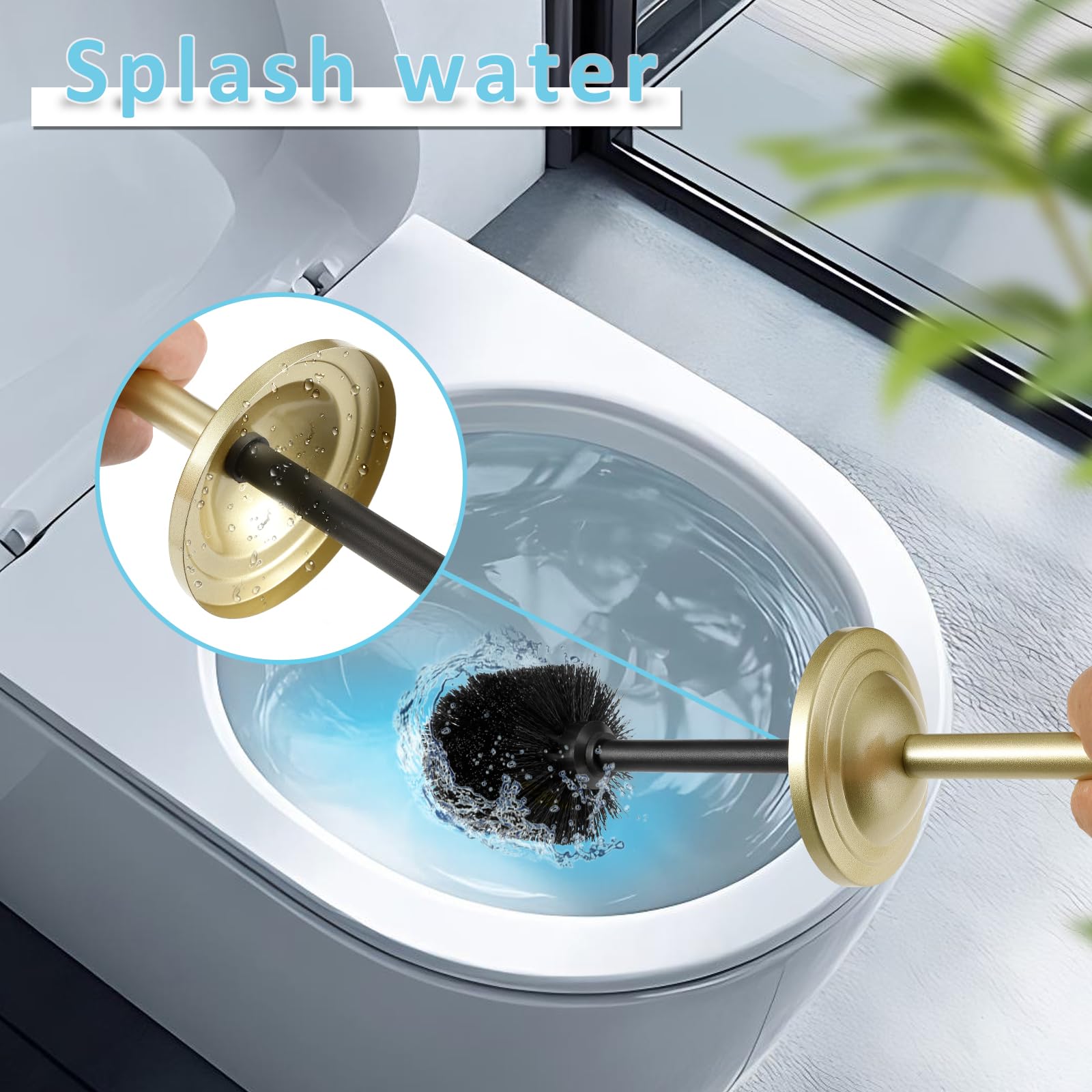 Hioflyme gold toilet brush handle keeps hands away from splashes.