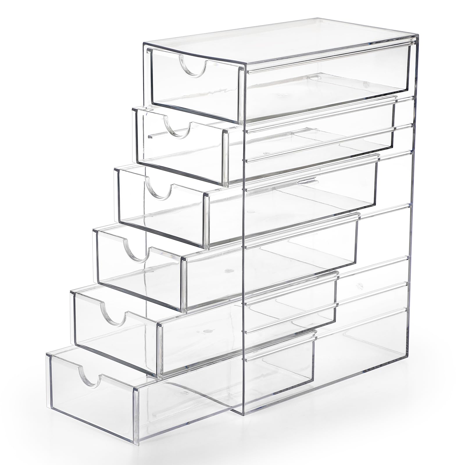 Hipiwe six-drawer clear desktop organizer keeps items visible and organized.