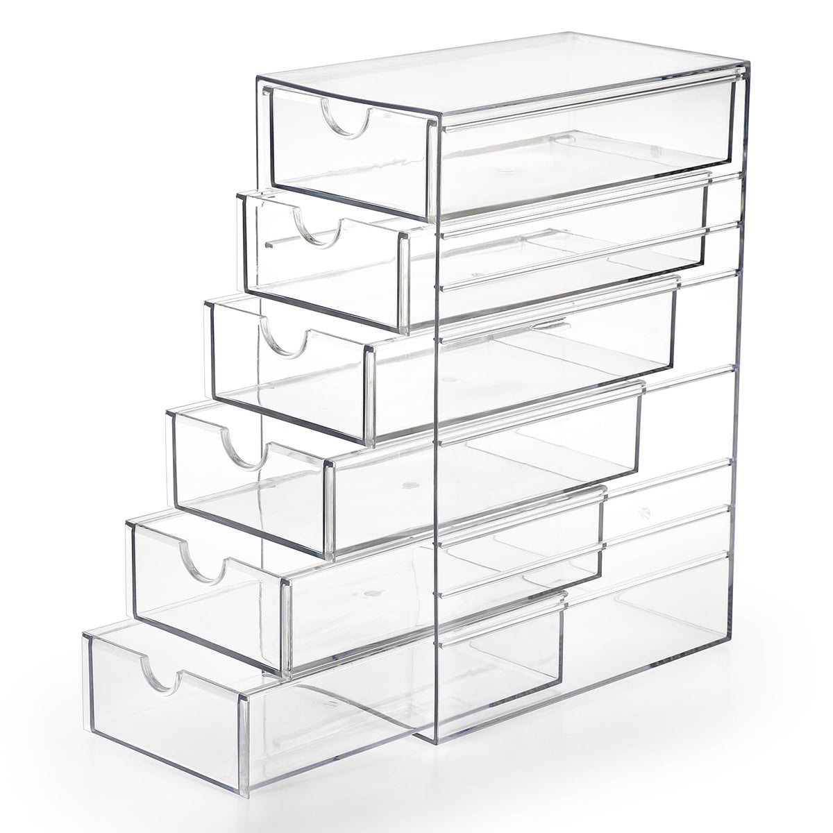 Hipiwe six-drawer clear desktop organizer keeps items visible and organized.