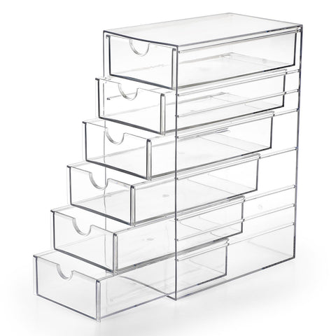Hipiwe six-drawer clear desktop organizer keeps items visible and organized.