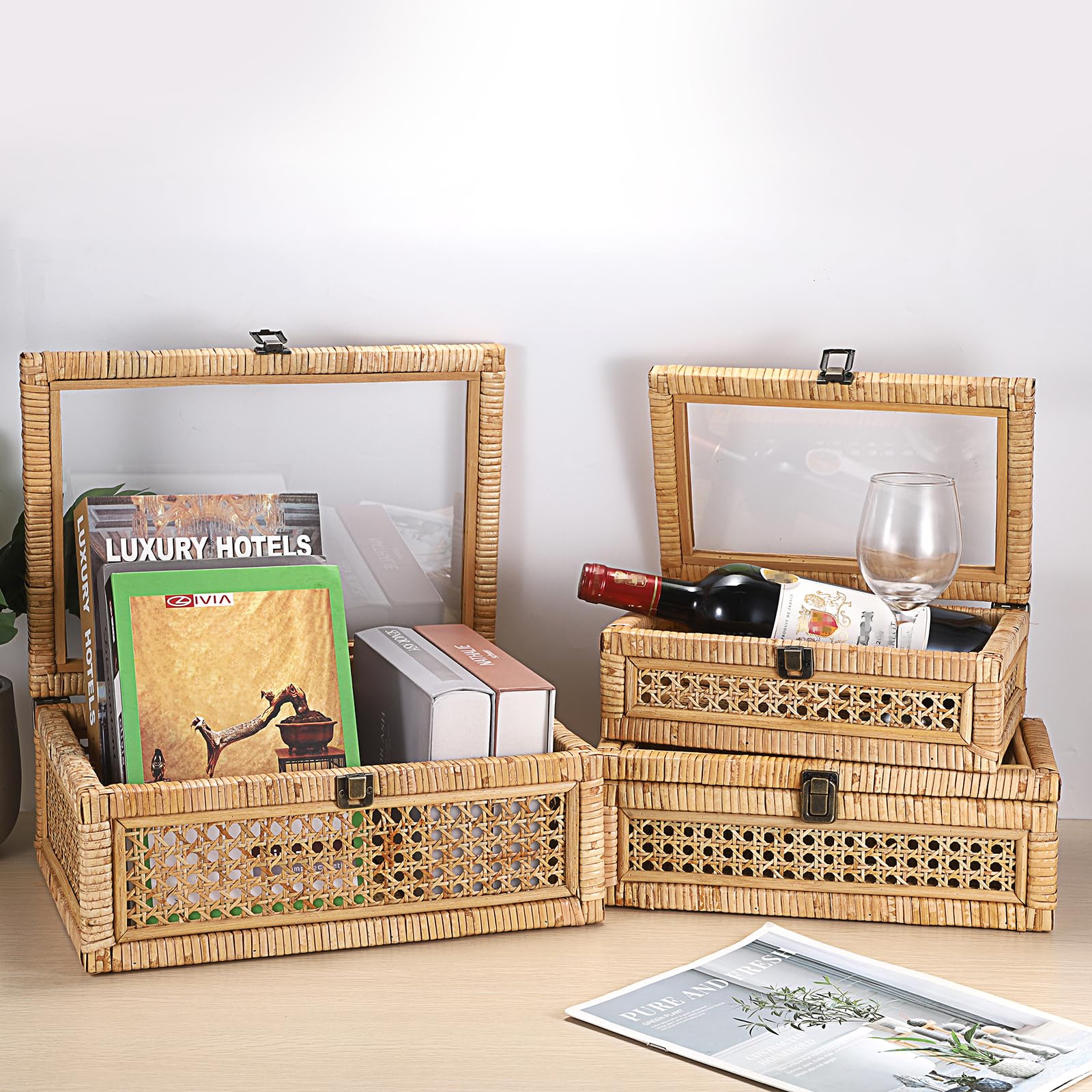 Hipiwe artisanal rattan box with wood frame enhances natural texture.