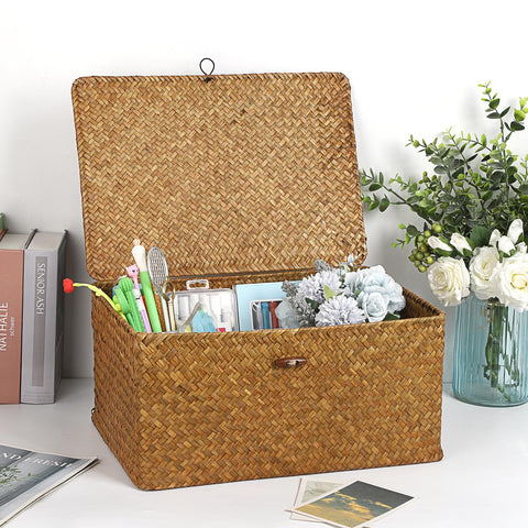 Hipiwe caramel wicker rectangle basket with lid for neat concealment