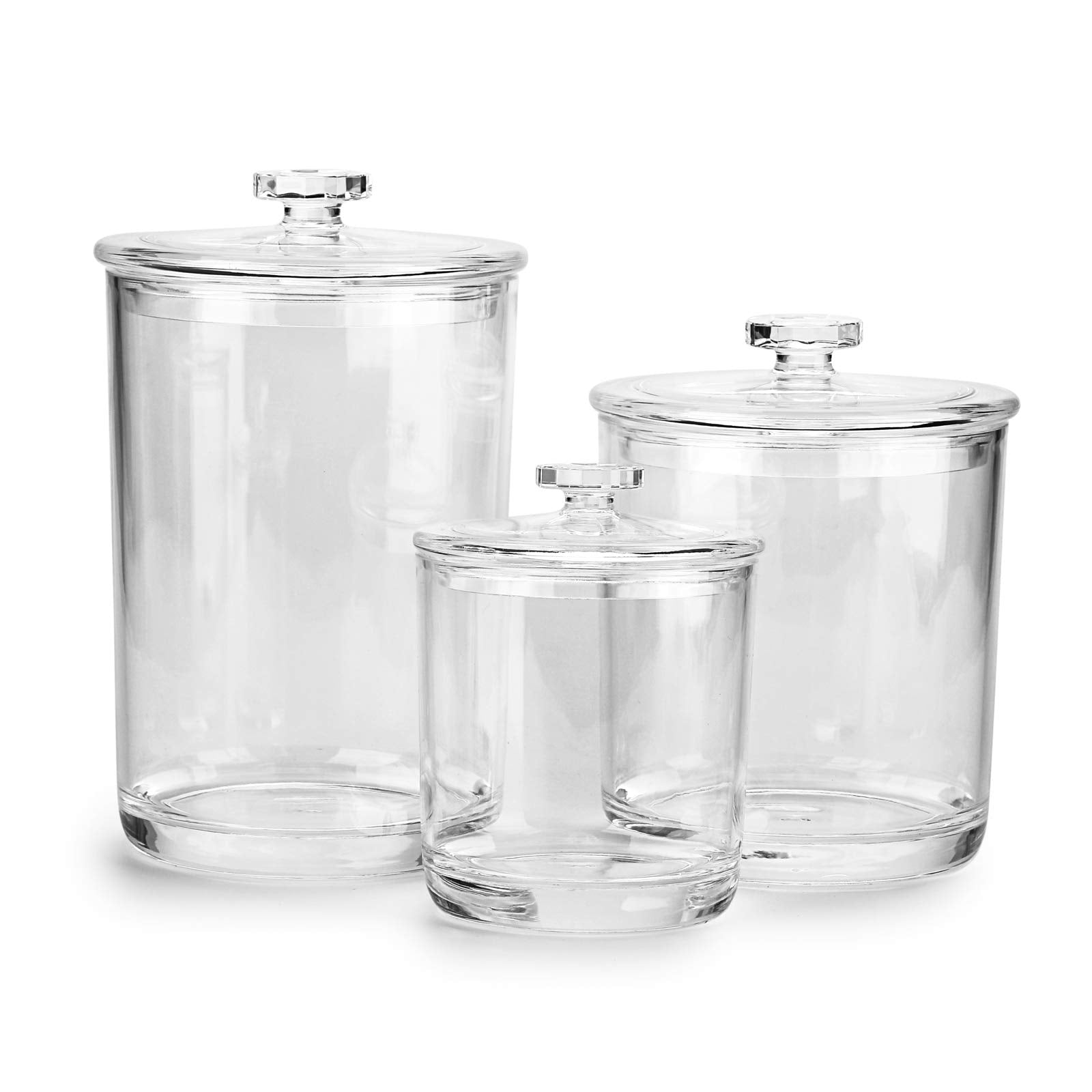 Hipiwe 60-ounce clear apothecary jar with lid for bathroom organization.