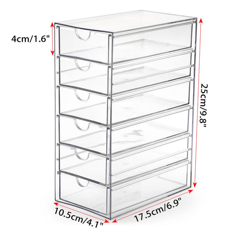Hipiwe clear plastic storage box with six drawers for easy item sorting.