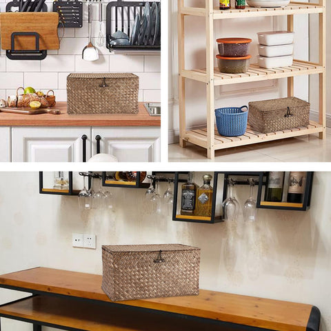 Hipiwe decorative seagrass basket adds natural texture while concealing clutter.