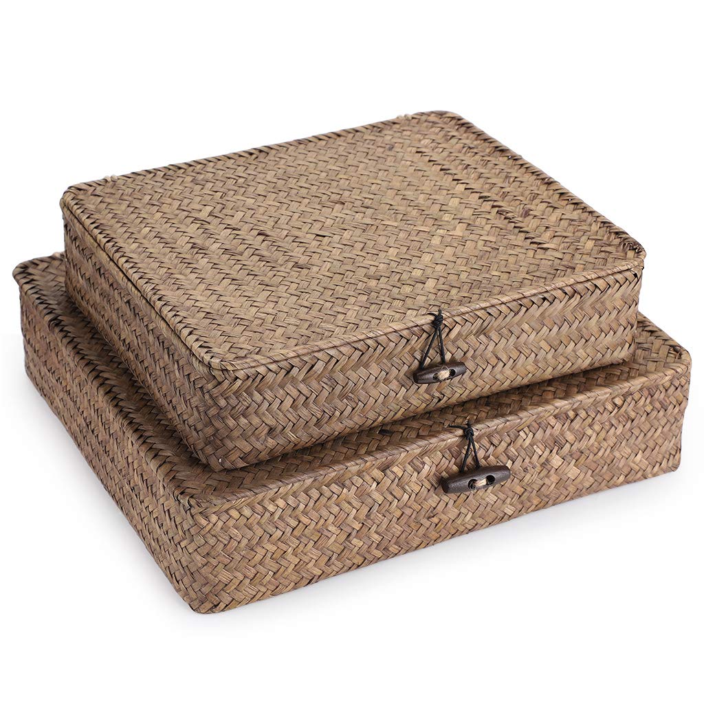 Hipiwe flat woven bin with small lid for compact desk storage