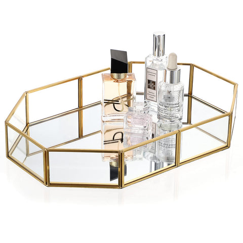 Hipiwe gold perfume tray with glass mirror for an elegant vanity display