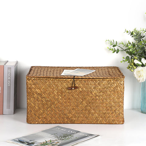 Hipiwe handwoven seagrass storage basket shown on a shelf