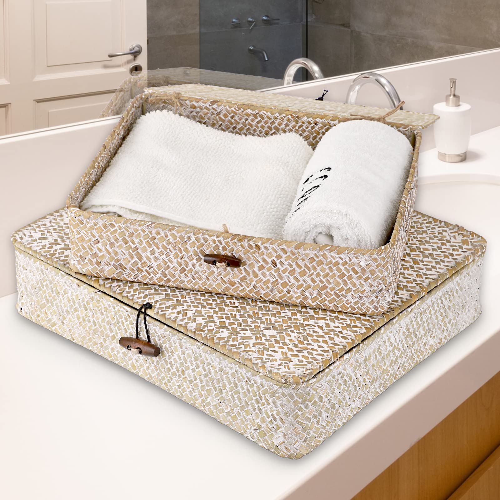 Hipiwe natural seagrass basket on shelf adds organized decor.