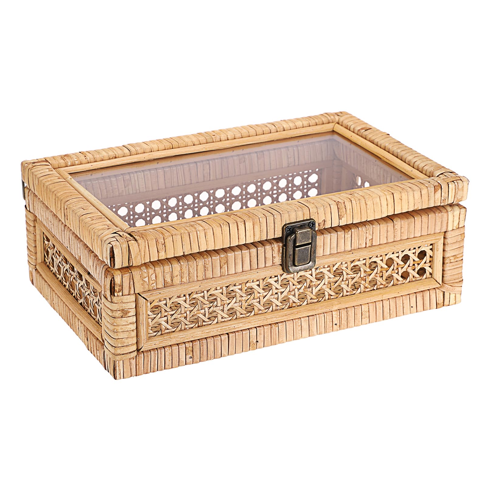Hipiwe rattan display box with clear lid for easy viewing of snacks or remotes.