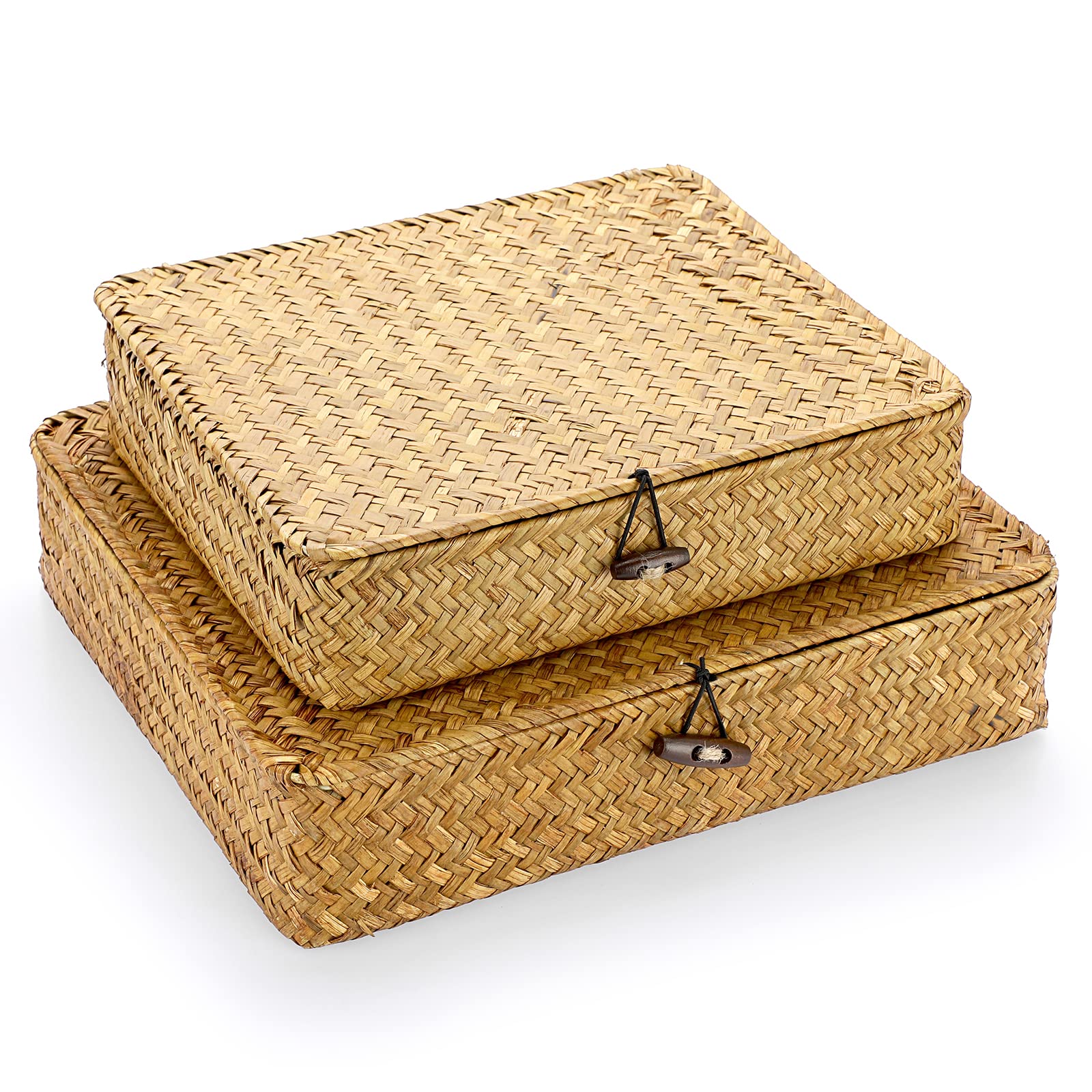 Hipiwe set of 2 flat woven seagrass bins with lid on a shelf, perfect for organization.