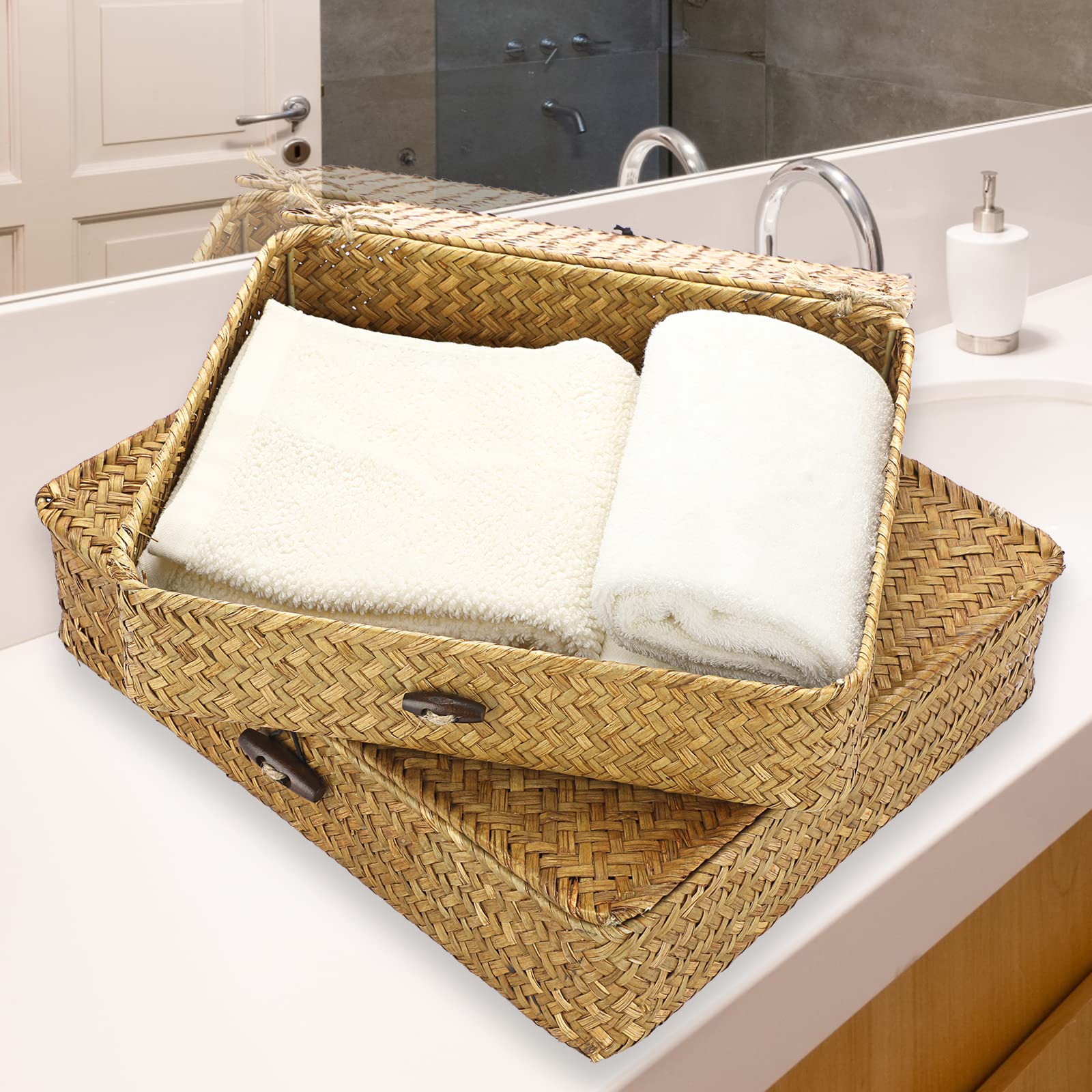 Hipiwe small caramel seagrass bin storing chargers or socks neatly.