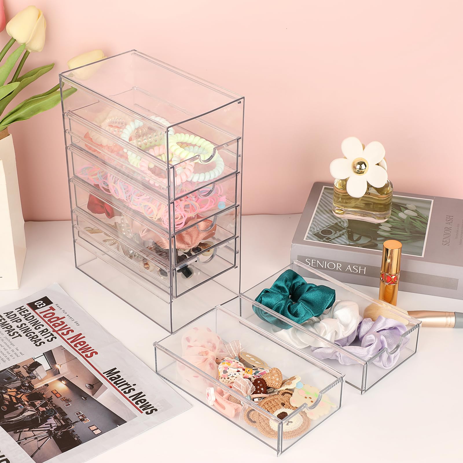 Hipiwe transparent drawer storage highlights cosmetics and jewelry at a glance.