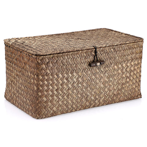 Hipiwe wicker shelf basket with lid in natural seagrass for durable storage.
