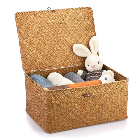 Hipiwe wicker shelf basket with lid in caramel on a tidy shelf, keeps small items organized