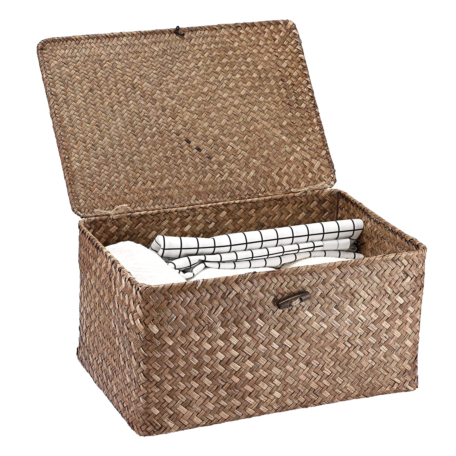 Hipiwe wicker shelf baskets with lid in natural seagrass for tidy storage
