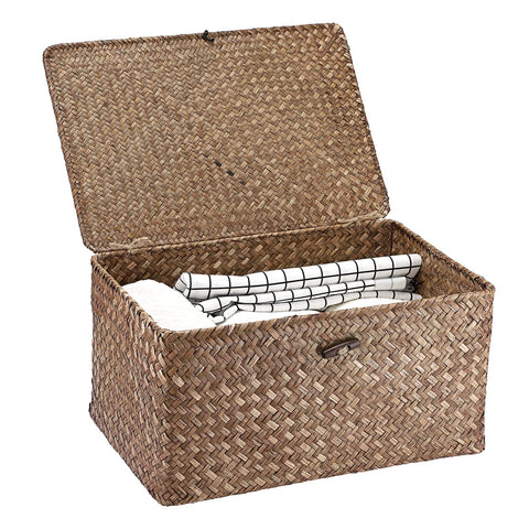 Hipiwe wicker shelf baskets with lid in natural seagrass for tidy storage