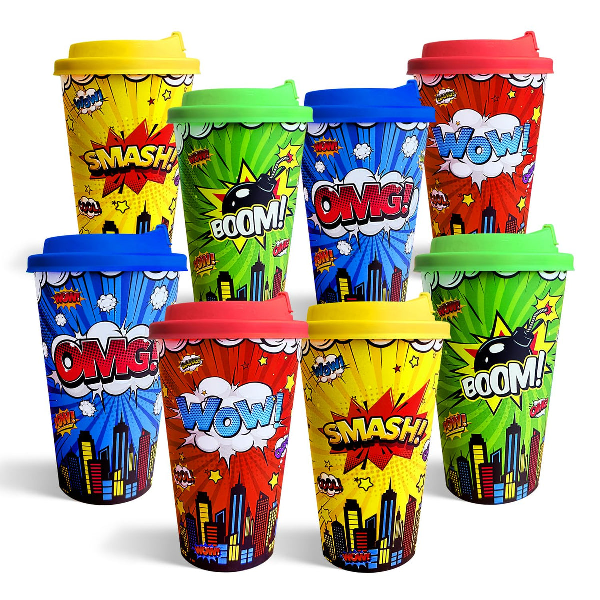 Hipoxa 24-pack hero-themed cups in red, blue, yellow, and green for easy party color-coding.