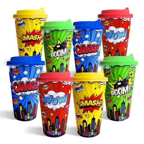 Hipoxa 24-pack hero-themed cups in red, blue, yellow, and green for easy party color-coding.