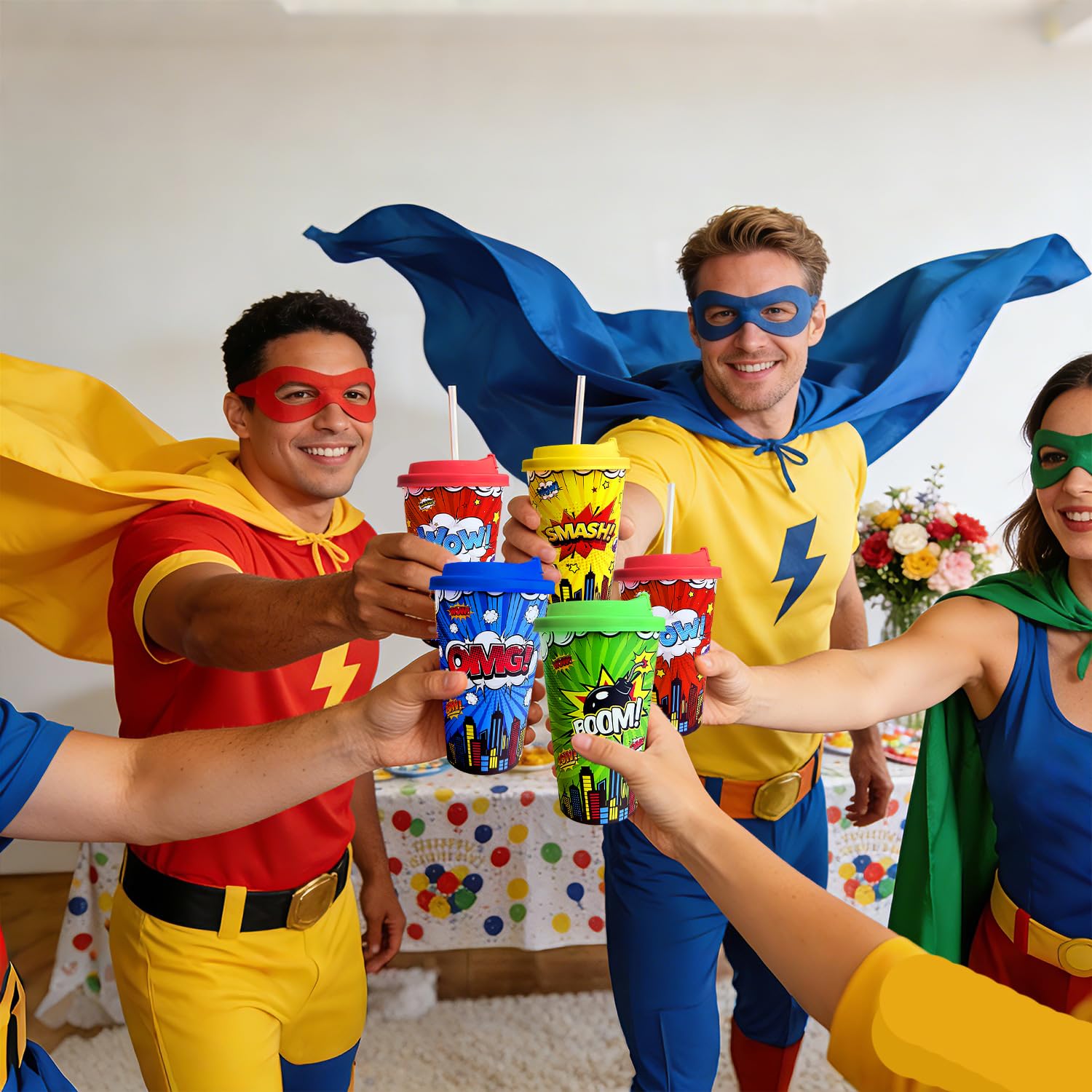 Hipoxa kids party cups add color to hero-themed celebrations and favor tables.