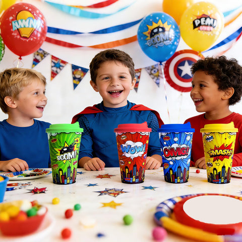 Hipoxa party cups double as keepsakes for guests after the superhero celebration.