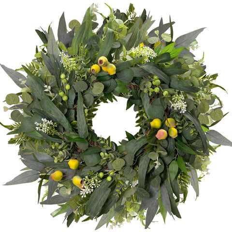 HipTree 24-inch spring eucalyptus wreath on front door for year-round curb appeal.