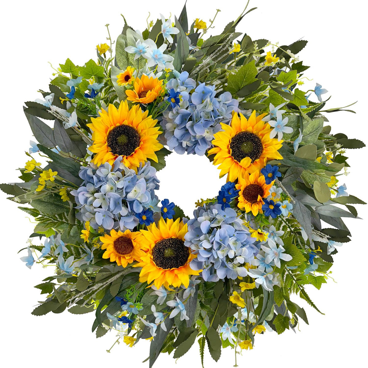 HipTree 24 Inch Spring Summer Wreath with sunflowers and hydrangeas for front door decor.