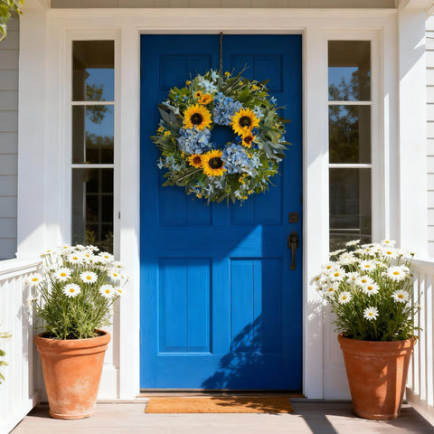 HipTree handmade sunflowers and blue hydrangeas brighten doors for seasonal charm.