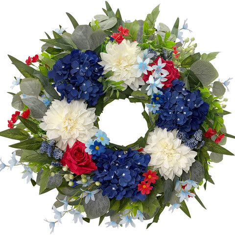HipTree patriotic wreath on front door with red, white and blue florals for curb appeal.