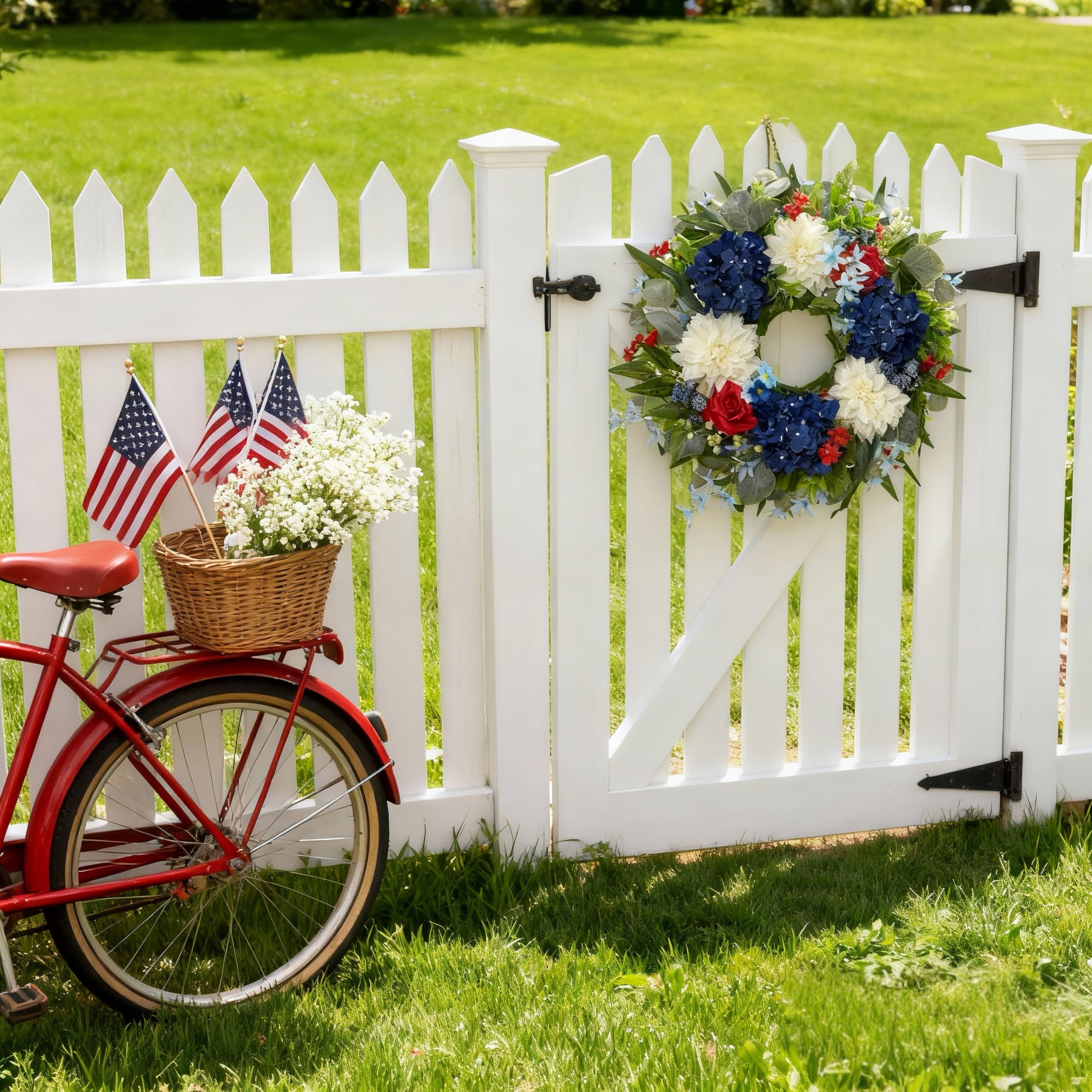 HipTree patriotic wreath red roses provide bold color for festive decor.