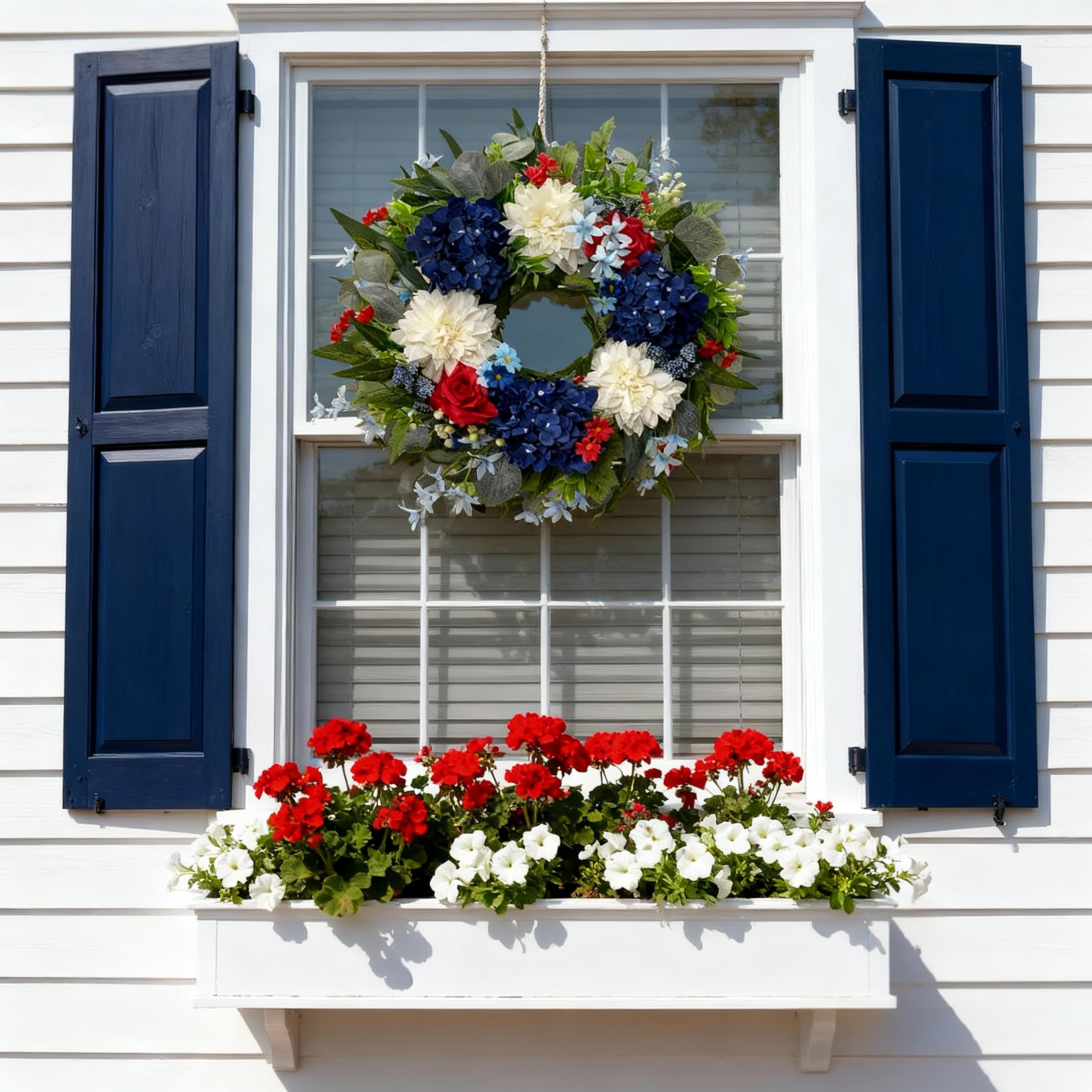 HipTree patriotic wreath white dahlias offer airy contrast for patriotic display.