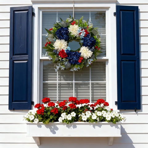 HipTree patriotic wreath white dahlias offer airy contrast for patriotic display.