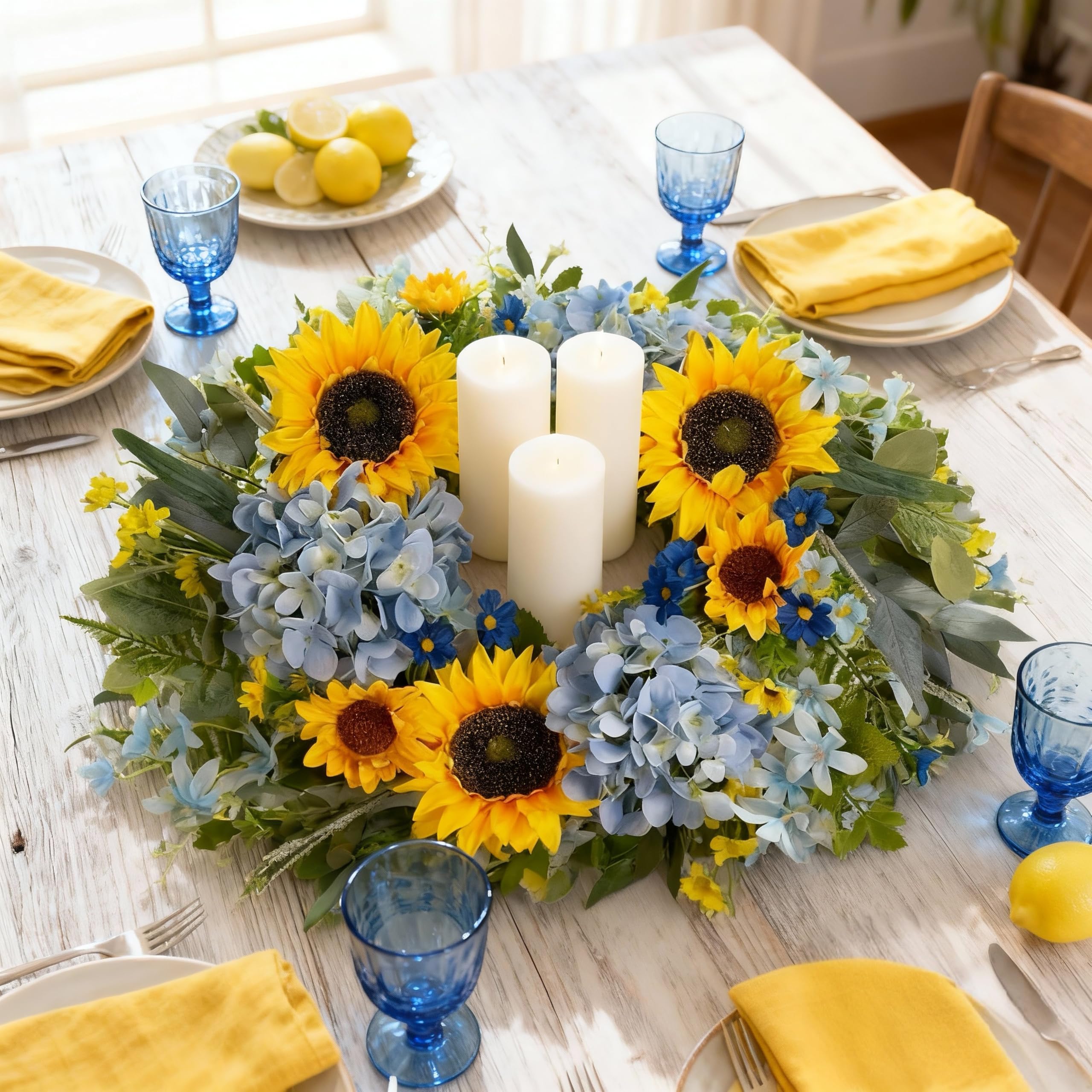 HipTree silk sunflowers and hydrangeas provide realistic depth for indoor displays.