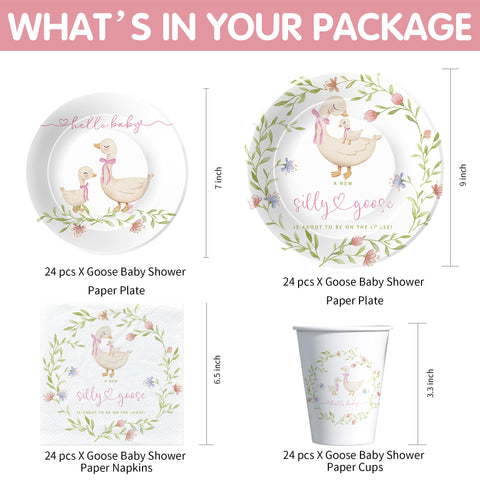 HIPVVILD Pink Silly Goose dessert plates for easy serving at a baby shower.
