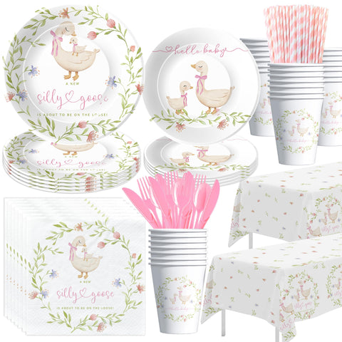 HIPVVILD Pink Silly Goose dinner plates with gentle art for a whimsical baby shower.