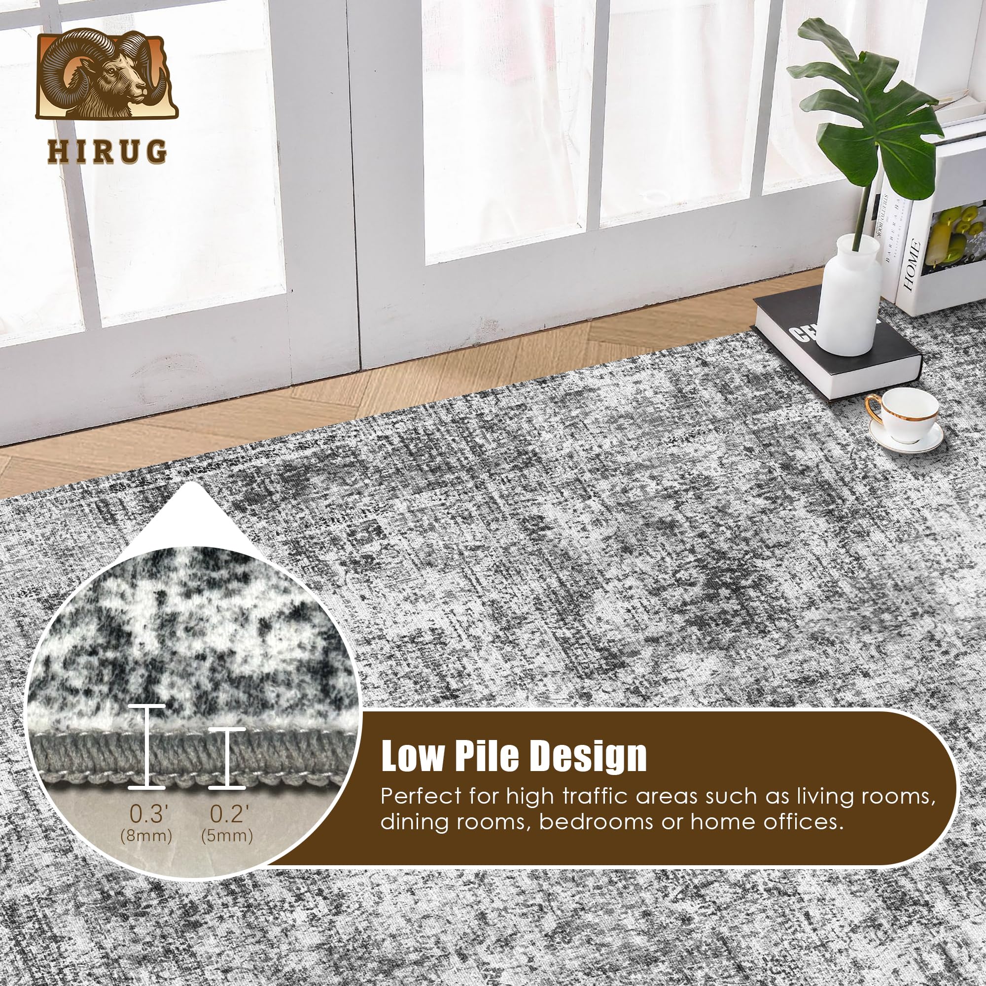 HIRUG ultra-thin low-pile rug fits under doors and furniture.