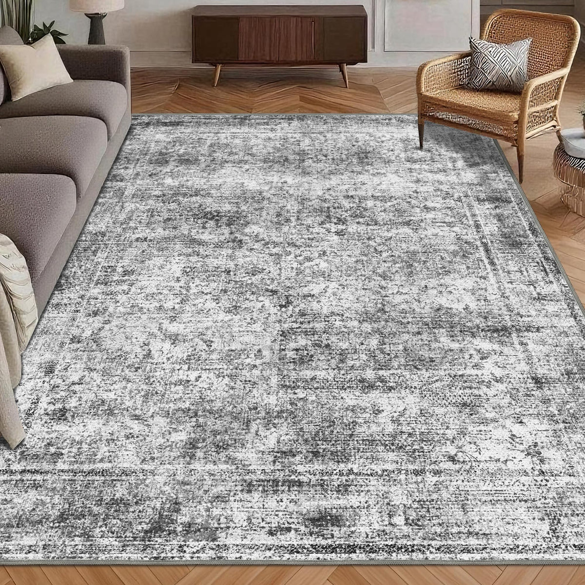 HIRUG washable area rug 5x7 in graphite mist with non-slip backing.
