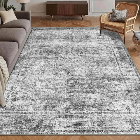 HIRUG washable area rug 5x7 in graphite mist with non-slip backing.