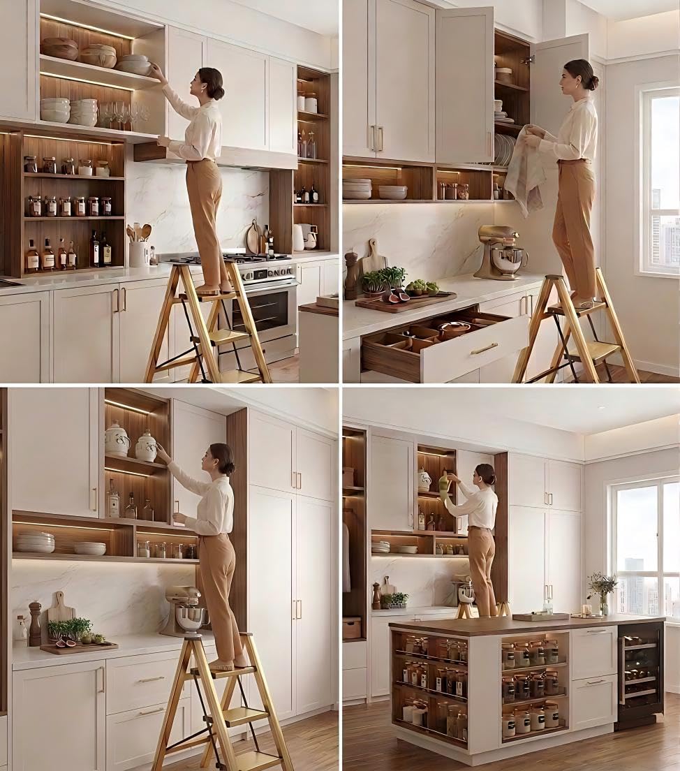 Hismocal portable ladder opened beside kitchen counter for high shelves