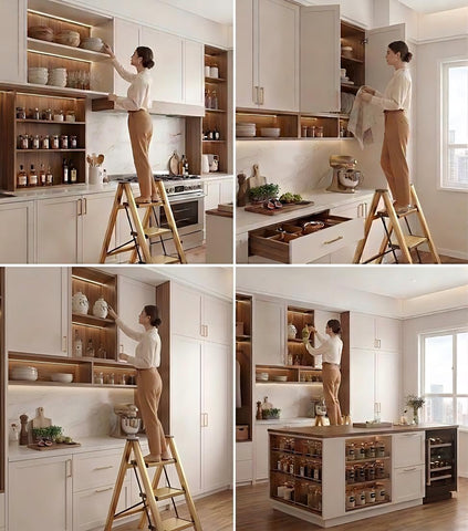 Hismocal portable ladder opened beside kitchen counter for high shelves