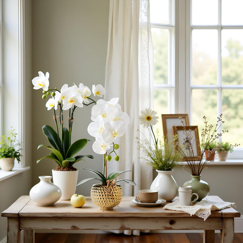 Living room décor idea with Hisow Orchids in a gold pot centerpiece.