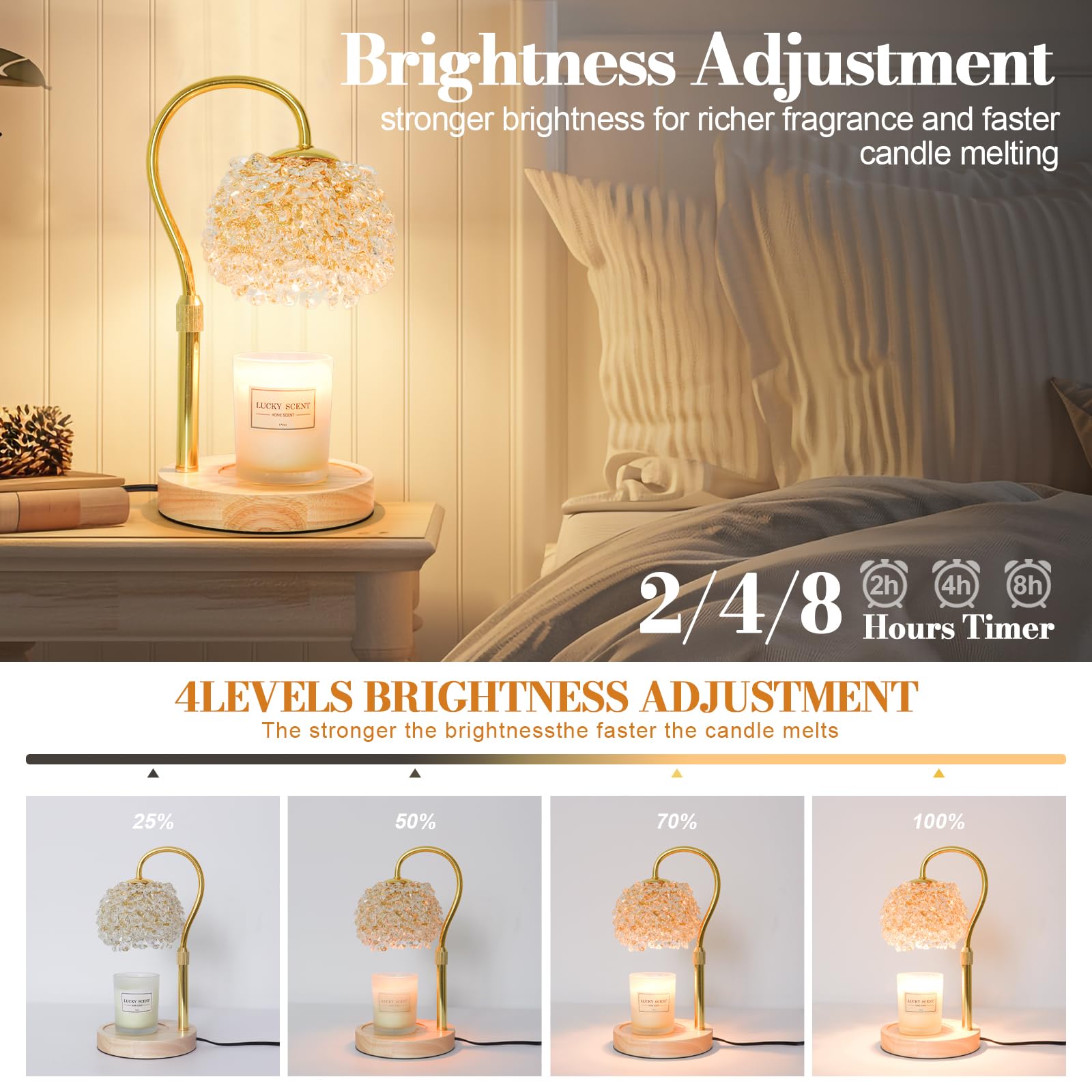 Dual 50W halogen bulbs heat wax quickly for even melting and scent release.