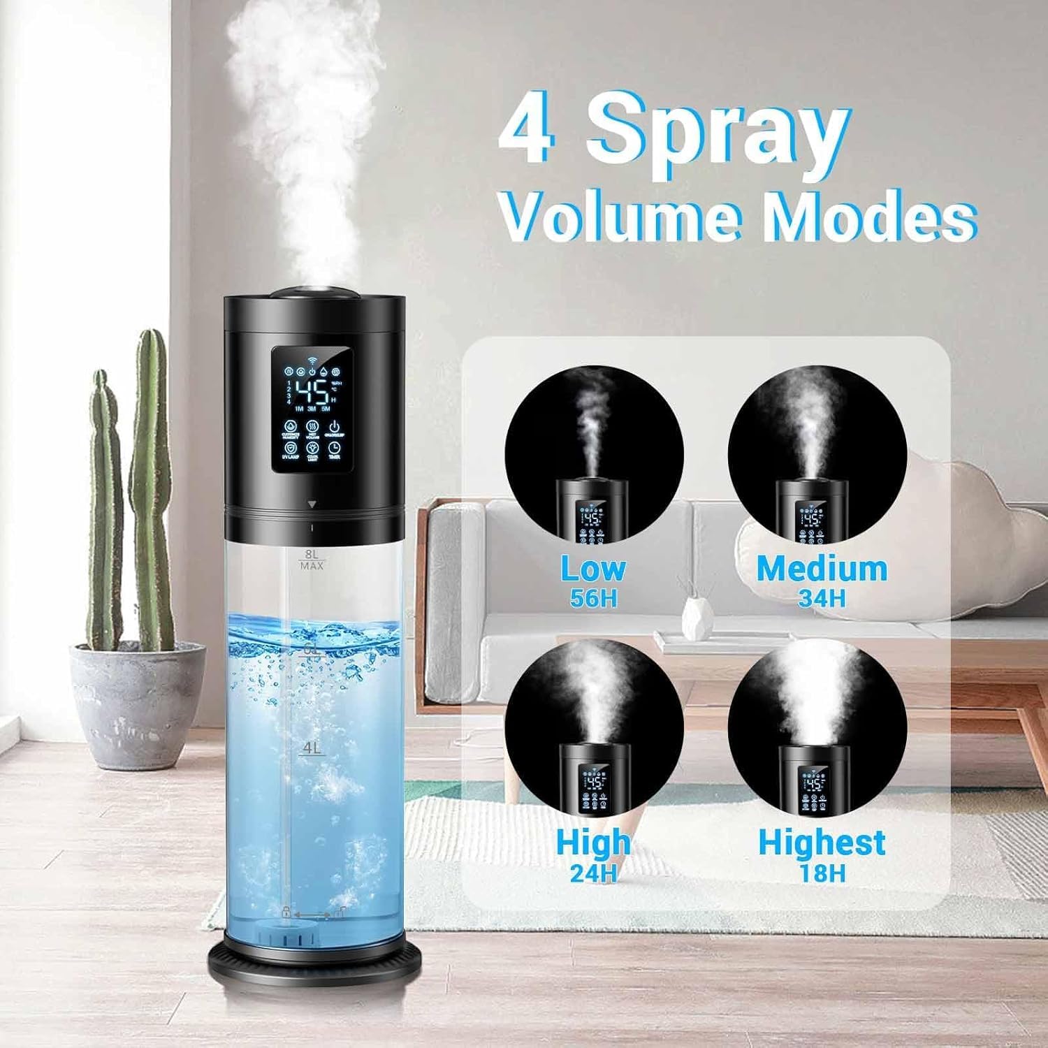 Hiswelle humidifier showing four mist levels and 360-degree nozzle for even distribution throughout the room.