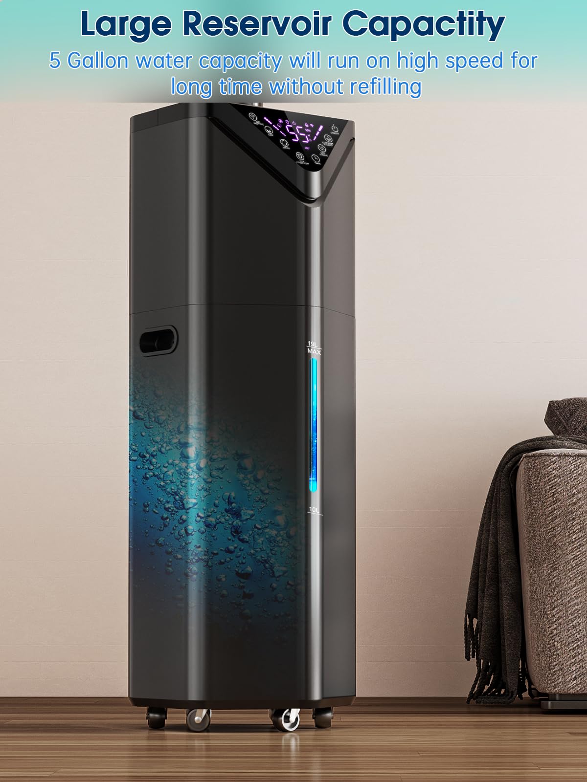 Hiswelle 5Gal humidifier with caster wheels moves easily between spaces.