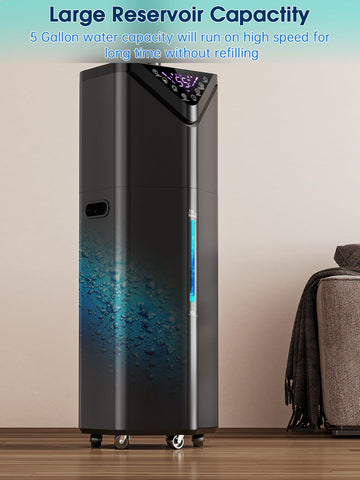 Hiswelle 5Gal humidifier with caster wheels moves easily between spaces.